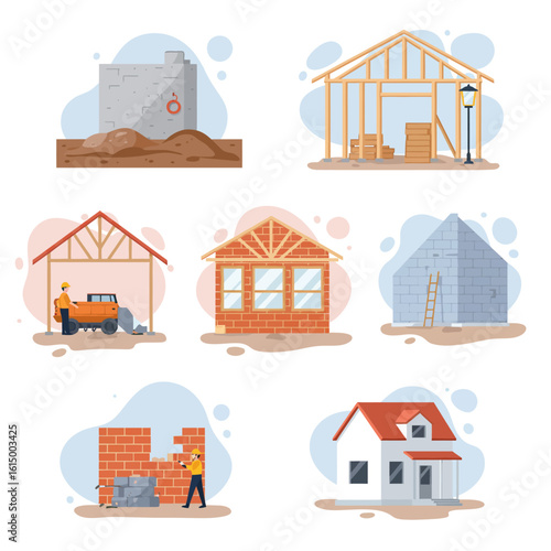 Illustration showing stages of house construction from foundation to completion, ideal for architectural designs, construction process, and real estate promotions.