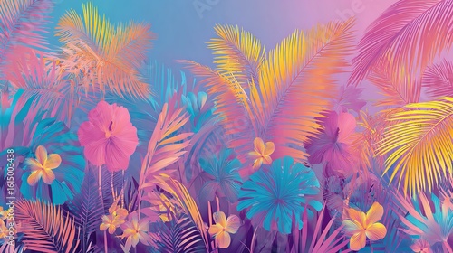 A vibrant tropical scene featuring colorful palm leaves and hibiscus flowers in a dreamy setting
