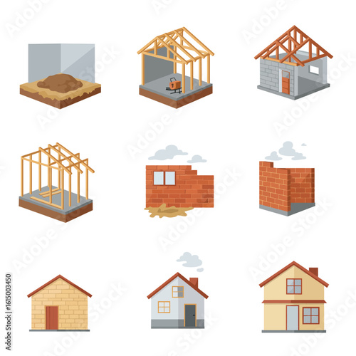 Isometric illustrations showcase the stages of house construction, from foundation to completion, set against a clean white background, ideal for educational and architectural designs.