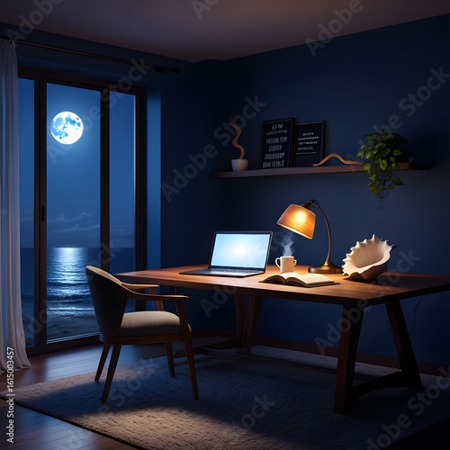 Cozy nighttime workspace with ocean view and moonlit sea desk laptop