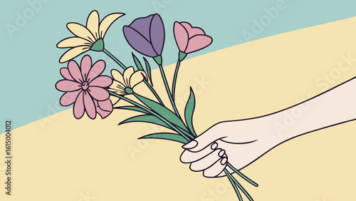 A delicate hand holds a vibrant bouquet of flowers, featuring an array of colors and shapes that brighten the scene.