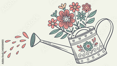 A decorative watering can overflowing with vibrant flowers, blending a whimsical and artistic style.
