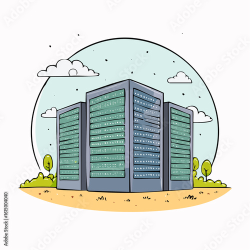 Cartoon landscape featuring rows of data server racks and light blue sky