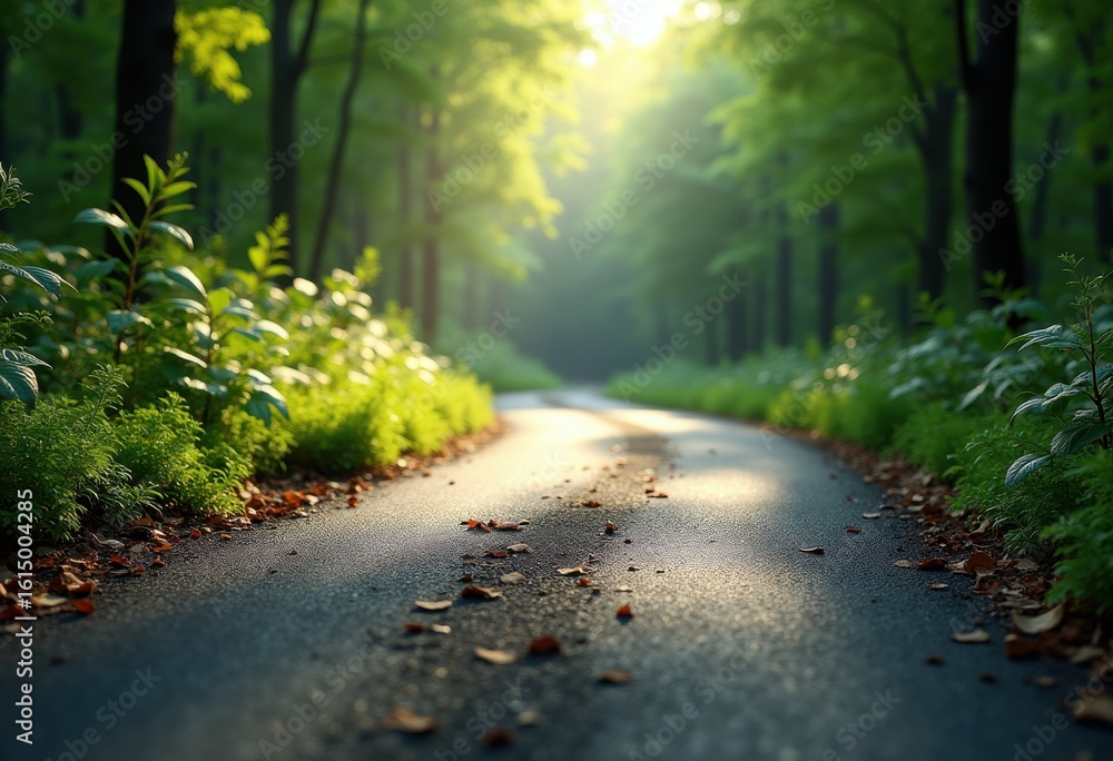 Obraz premium textured asphalt road surrounded lush natural foliage capturing vibrant greenery earthy patterns serene nature setting, landscape, path, vegetation