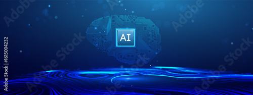 Futuristic Medical AI Brain Chip Digital Tech bg. 3D Abstract Circuit Network featuring Semiconductor, Neural Processor and Cloud Data. Vector Smart Cyber Connection Lines.