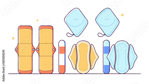 Colorful illustration of various feminine hygiene products, showcasing pads in different styles.