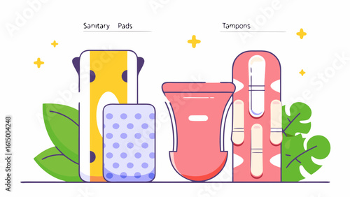 Colorful illustration of sanitary pads and tampons surrounded by plants, highlighting feminine hygiene products.