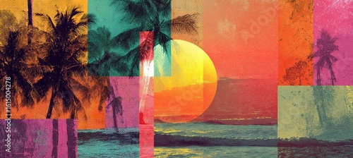 Abstract tropical beach scene with palm trees and sunset in colorful geometric patterns design art