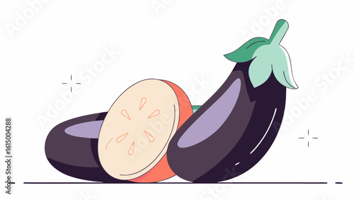 A fresh eggplant and a sliced cross-section reveal its smooth texture and vibrant color, showcasing the beauty of healthy vegetables.