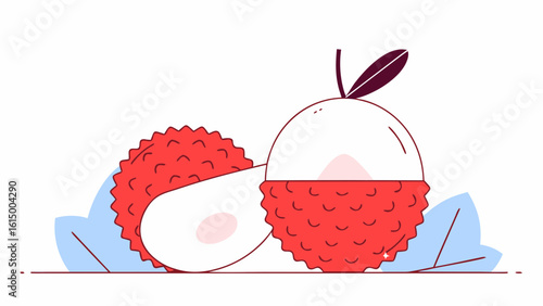 A vibrant illustration of lychee fruits, showcasing their textured red skin and juicy white flesh, with playful colors.