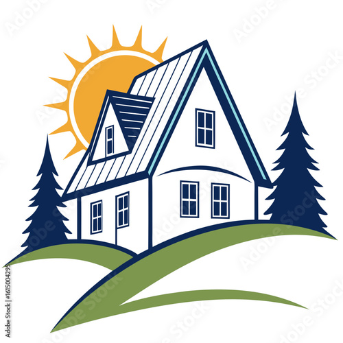 Stylized white house with blue roof and windows under a bright yellow sun and green hills