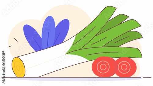 A vibrant illustration of a fresh leek and cherry tomatoes on a light background, emphasizing healthy eating.