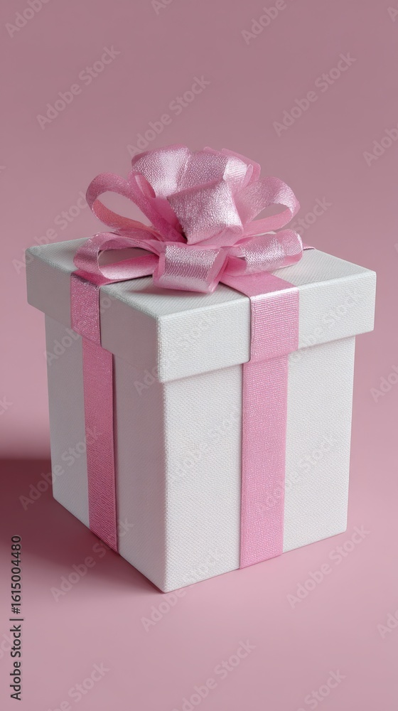 Obraz premium Elegant white gift box with pink ribbon on pink background