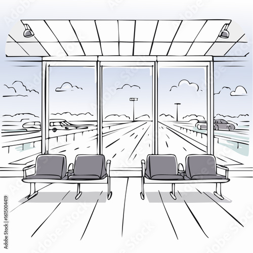 Empty airport waiting lounge overlooking tarmac at morning