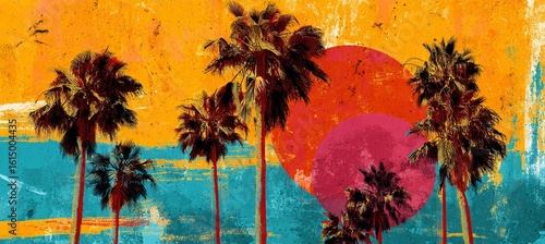 Palm trees against a colorful abstract background with orange and pink circles visible in the scene