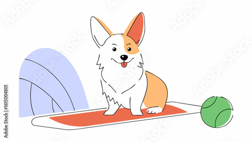 A cheerful corgi sits on a colorful mat with a green ball nearby, capturing the essence of playfulness and joy.