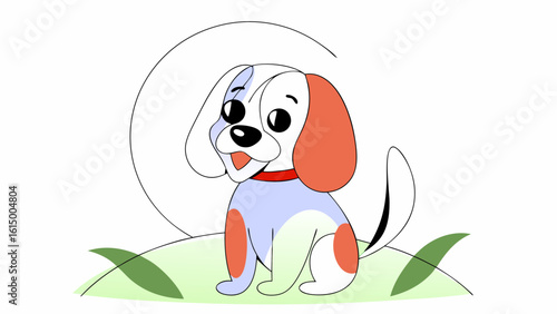 A cheerful cartoon dog with blue and orange patches, sitting happily on a grassy hill.