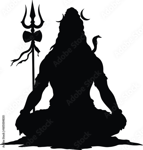 Silhouette of Hindu deity Shiva in meditative pose, holding his trident.
