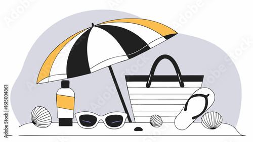A stylish beach setup featuring an umbrella, sunglasses, sunscreen, a tote bag, and flip-flops on soft sand.