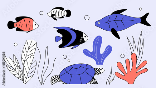 Colorful marine life illustration featuring various fish and a turtle in a vibrant underwater scene.