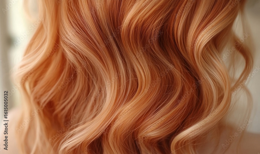 Fototapeta premium Peach fuzz wavy hair color and texture close-up, highlighting hair salon services and haircare expertise, Generative AI