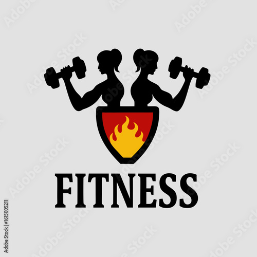 Two female silhouettes lifting dumbbells above a shield with flames fitness woman