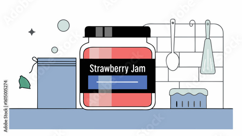 Colorful illustration of a strawberry jam jar on a kitchen counter, surrounded by utensils and containers.