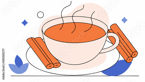 A warm cup of tea with cinnamon sticks, inviting and soothing with vibrant colors.