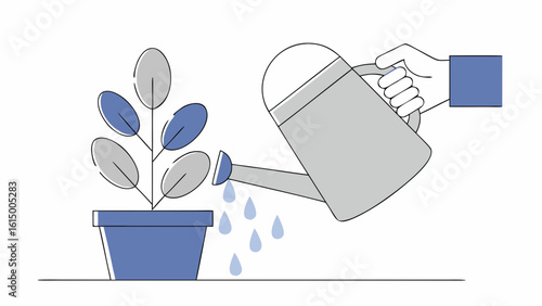 Hand watering a blue potted plant, showcasing care for indoor greenery.