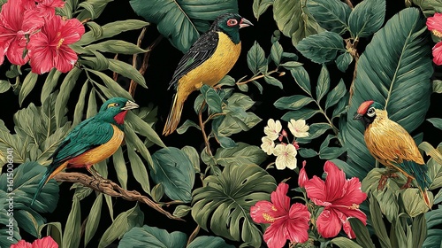 Fototapeta Naklejka Na Ścianę i Meble -  A vibrant tropical pattern featuring birds hibiscus flowers and lush green foliage on a dark background