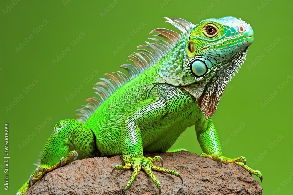 Obraz premium Green iguana basking with intense gaze