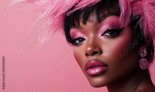 Portrait of a beautiful Black African American drag queen dressed in black against a plain pink background, with copy space for creative and inclusive expression, Generative AI