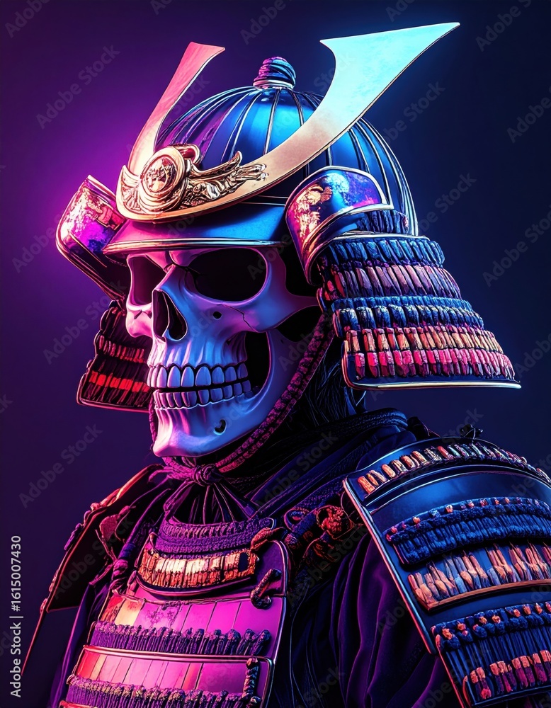 Fototapeta premium A striking digital artwork of a samurai skull wearing traditional armor illuminated by vibrant neon blue and purple lighting.