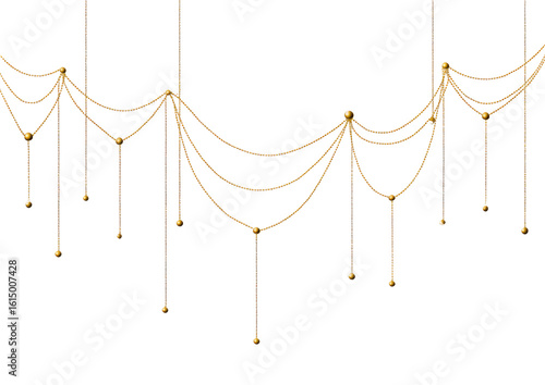 Ornate golden chains cascading in a decorative pattern.  A black background highlights the luxurious texture and hanging design
