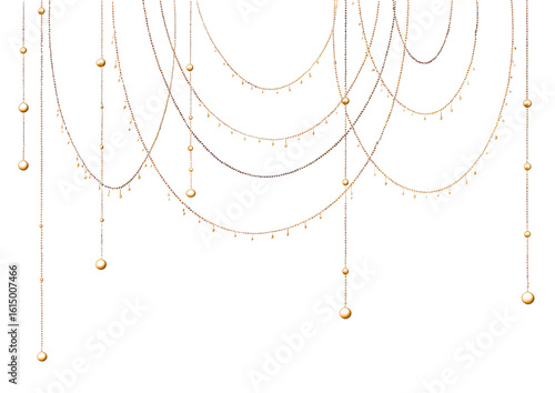 Ornate, cascading chandelier design with metallic chains and beads