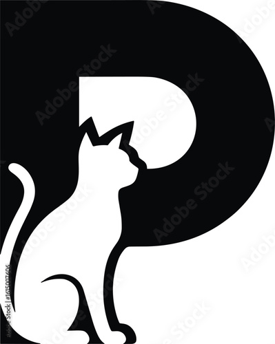 Elegant cat silhouette integrated with letter p logo design