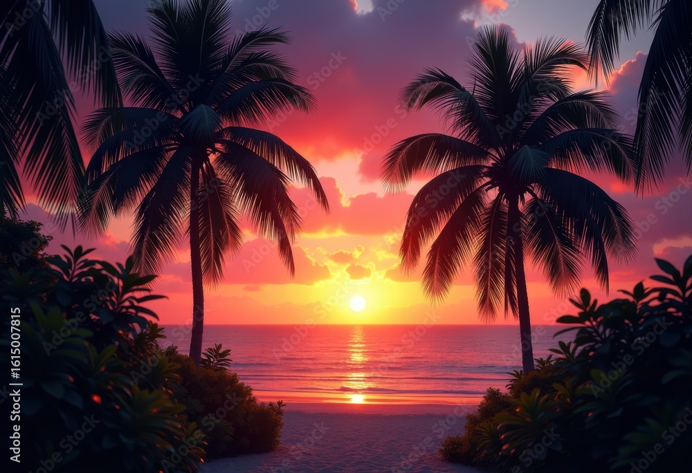 Obraz premium tropical palm leaves silhouetted stunning sunset backdrop exotic nature horizon, sky, flora, foliage, golden, orange, beauty, coast, beach, scenic, ocean