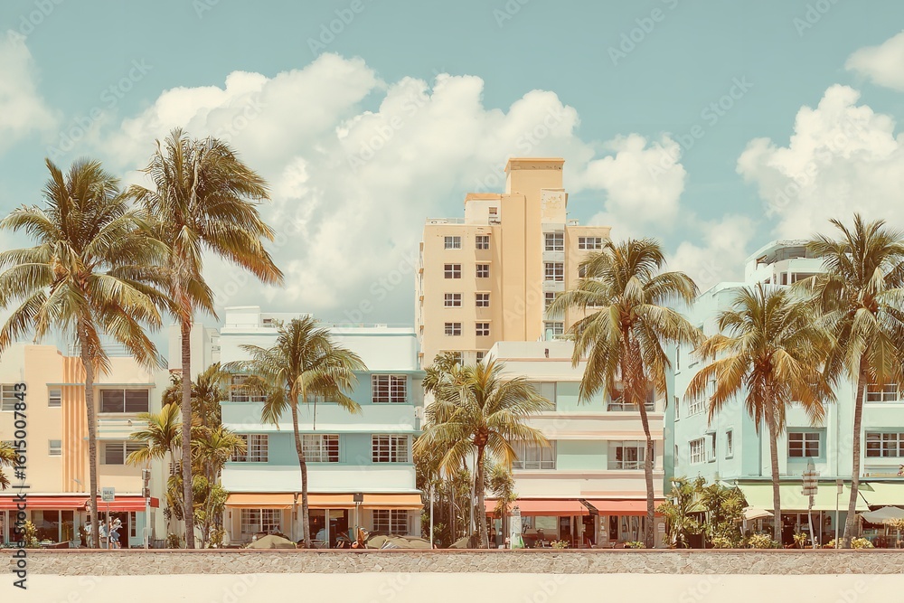 Fototapeta premium Coastal buildings with palm trees under a cloudy sky in a vintage color grading style photograph