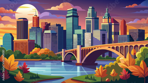The Minneapolis, Minnesota skyline gleams beside the Mississippi River. Semi-realistic detail enhances the Stone Arch Bridge, leafy banks, and golden skies of a northern evening.