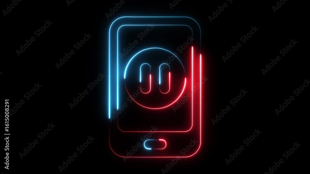 Neon mobile phone with pause symbol glowing red and blue on black background abstract digital technology concept Neon mobile phone with pause symbol glowing red and blue on black background abstract digital technology concept