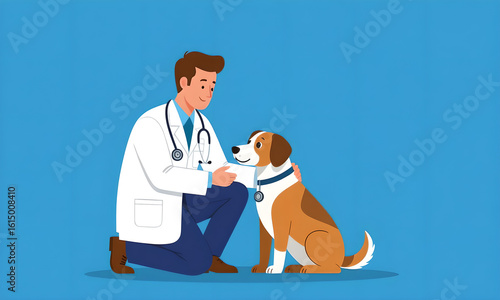 Friendly veterinarian with dog, veterinary clinic, vector illustration, healthcare