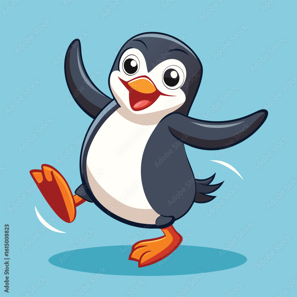 Obraz premium Happy Cartoon Penguin Walking and Waving on a Light Blue Background Vector Illustration