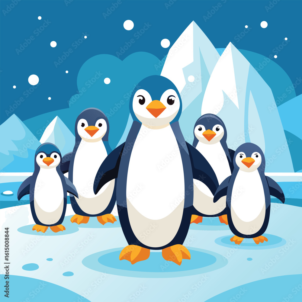 Obraz premium Cute Cartoon Penguins in Antarctica with Icebergs and Snowflakes Illustration for Children