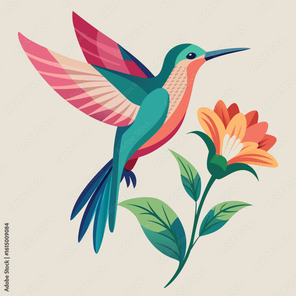 Obraz premium Stylized Hummingbird Flying Near a Flower with Colorful Geometric Wings and Plumage Illustration