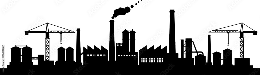 Fototapeta premium Black Industrial Cityscape Silhouette with Factory Buildings and Cranes