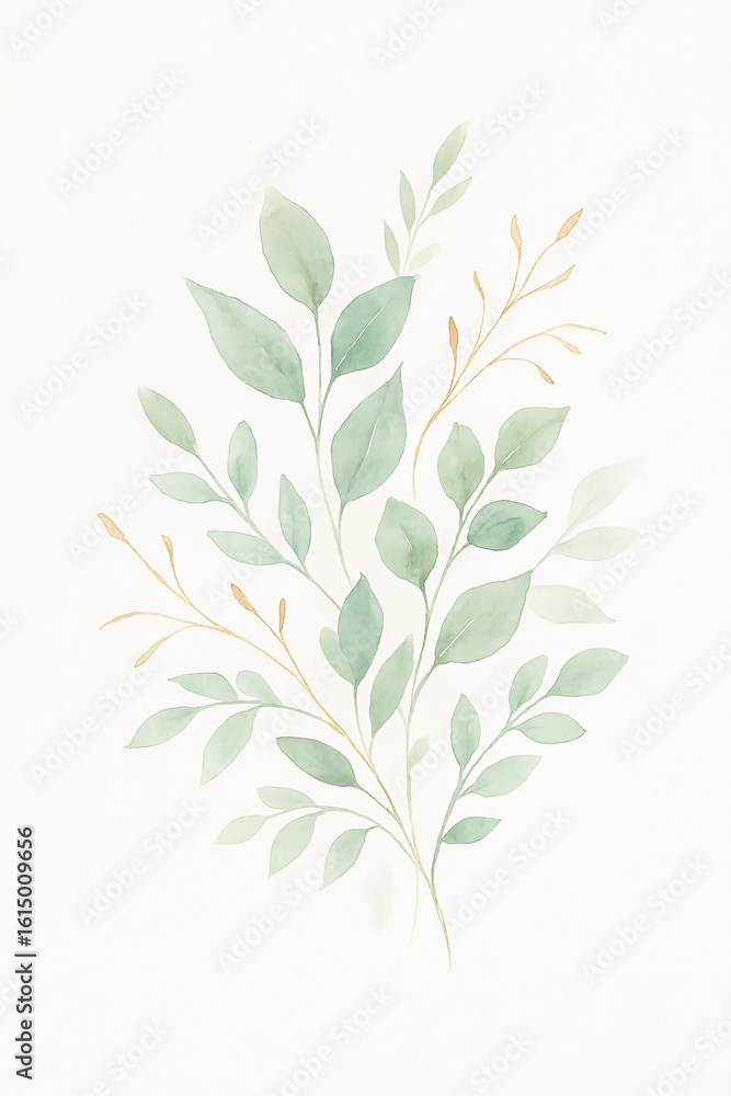 Fototapeta premium Watercolor depiction of gentle green leaves embracing the simplicity of nature in a calming botanical