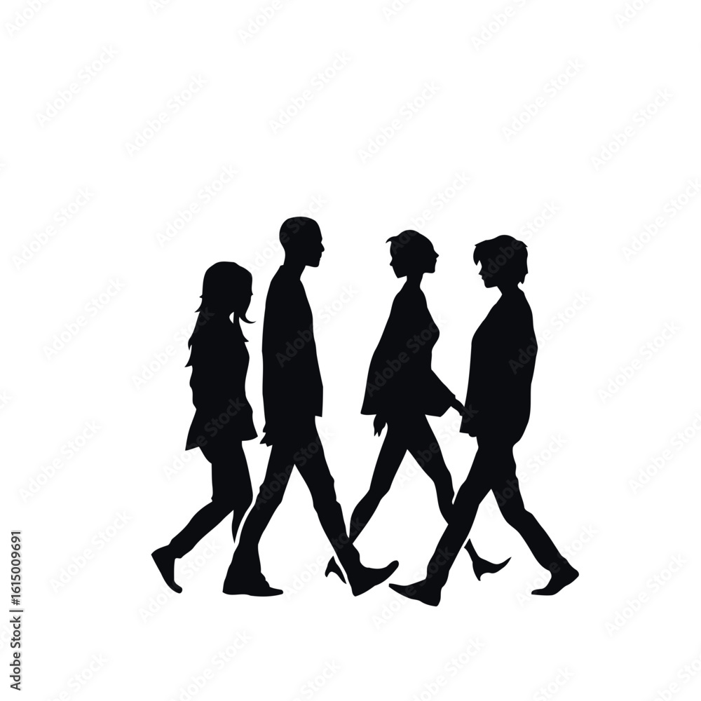 Fototapeta premium Dynamic group of black silhouette people, featuring walking women and couples, ideal for art and fashion designs