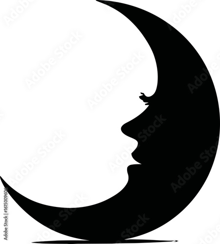 Black Silhouette Crescent Moon With Human Face Profile On White Background
