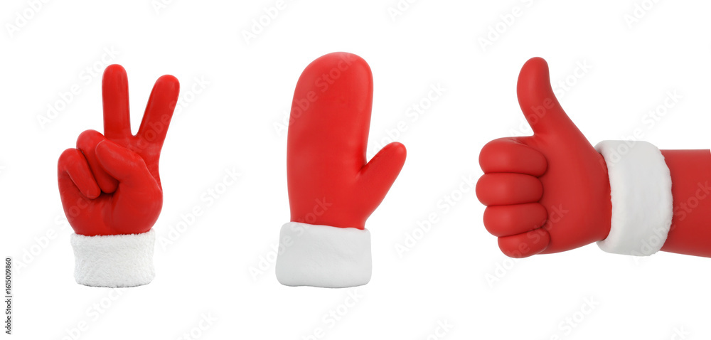 Fototapeta premium Set of 3D Christmas hand gestures in red mitten, thumbs up, png, isolated background. Cartoon design element for Christmas and New Year holidays.