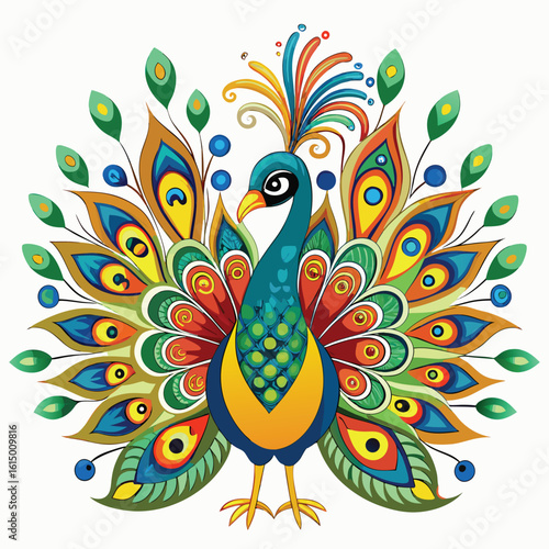 Vibrant Peacock Illustration with Intricate Feather Details and Bold Colors on a White Background